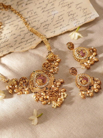 Dhiyona RJ Women's 24K Gold-Plated Peacock Motif Ruby & CZ Studded Pearl Beaded Temple Jewellery Set