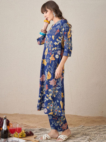 Dhiyona IE Women Floral Printed Regular Pure Cotton Kurta with Trousers