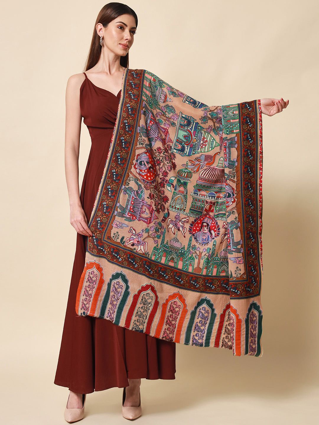 Dhiyona PA Women Beige Embroidered Pure Wool Shawl