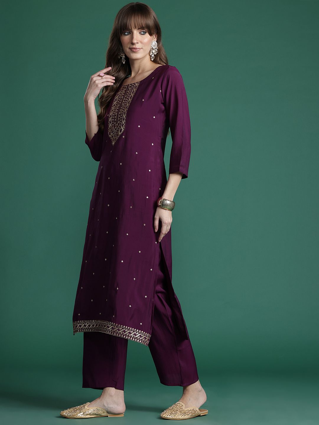 Ethnic Motifs Embroidered Sequinned Kurta with Trousers & With Dupatta