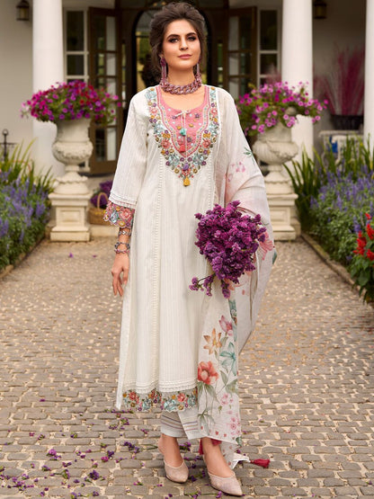 Women Floral Embroidered Thread Work Pure Cotton Kurta & Trousers With Dupatta