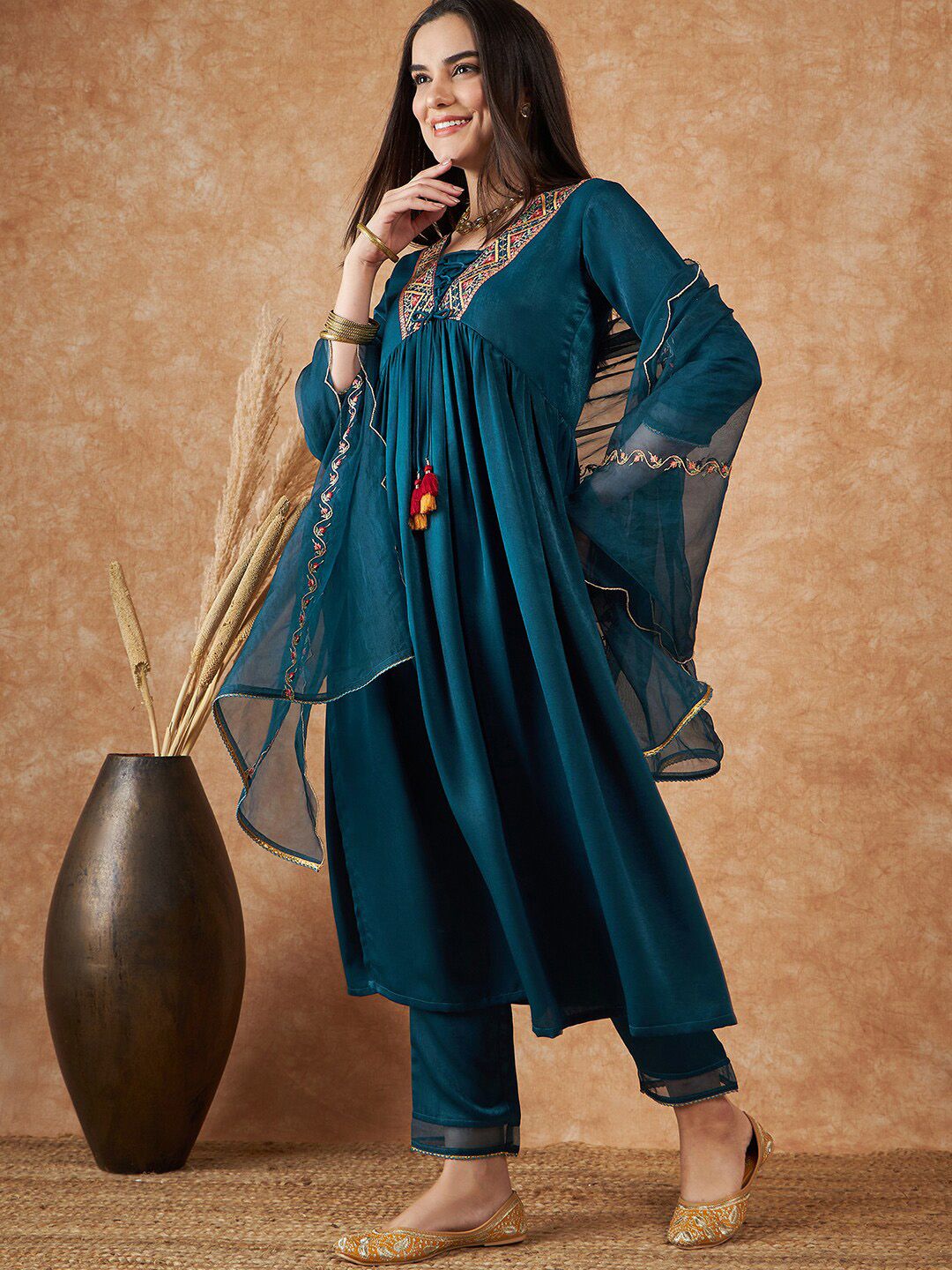 Dhiyona SN Women's Embroidered Empire Velvet Kurta With Trousers & Dupatta
