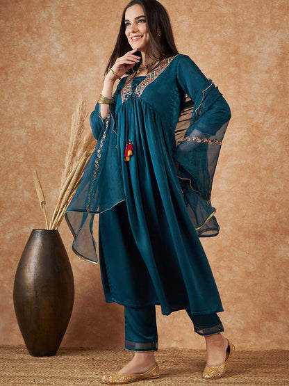 Dhiyona SN Women's Embroidered Empire Velvet Kurta With Trousers & Dupatta