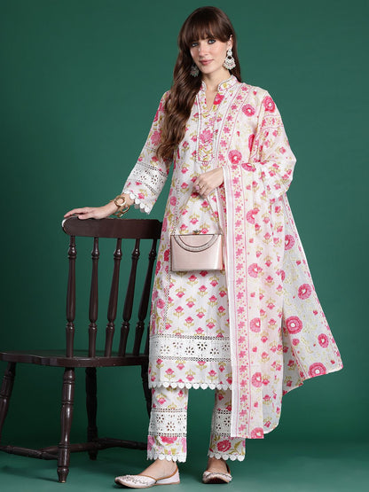 Floral Embroidered Pure Cotton Kurta with Trousers & Dupatta