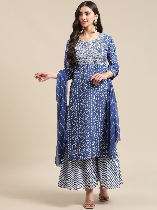 Dhiyona VA Women'sBlue And White Zari Embroidery Leheriya Kurta Sharara Set With Leheriya Dupatta