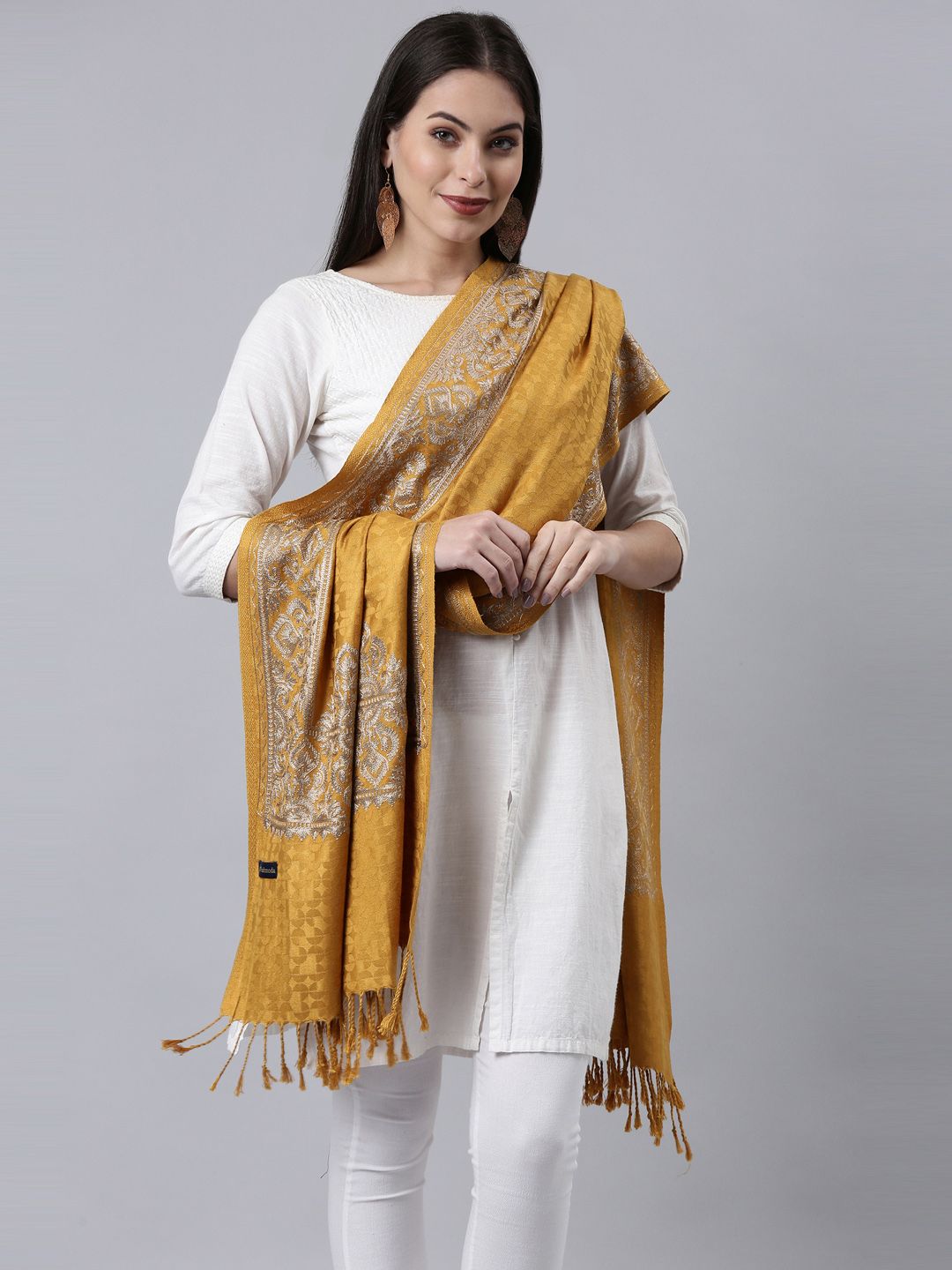 Dhiyona PA Women Mustard-Yellow Embroidered Shawl