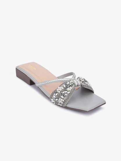 Dhiyona AK Grey Ethnic Embellished Open Toe Flats