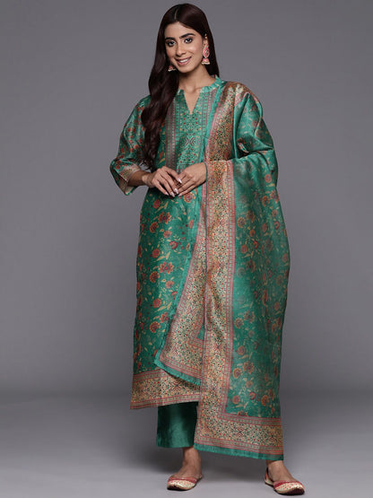 Dhiyona VA Women's Floral Printed Regular Chanderi Silk Kurta with Trousers & Dupatta
