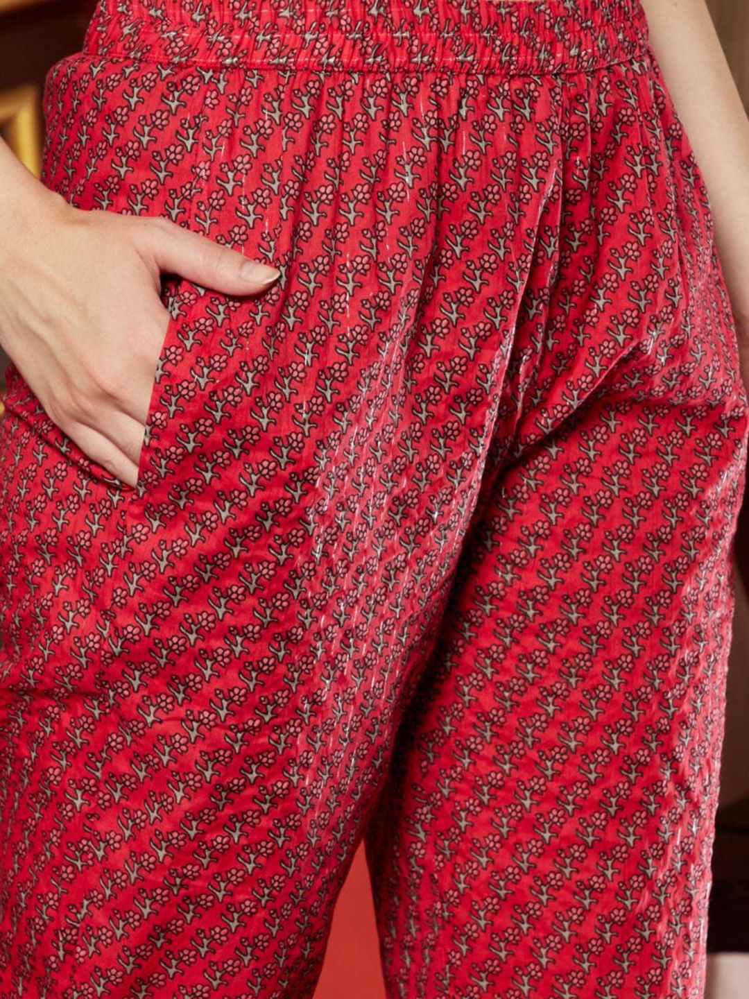 Dhiyona SN Women's Pink Floral Printed Mirror Work Pure Cotton A-Line Kurta Set