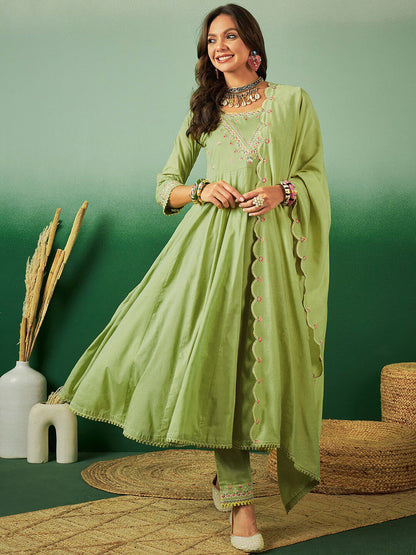 Dhiyona SN Women's Sequence Embroidered Pure Cotton Anarkali Kurta With Trousers & Dupatta
