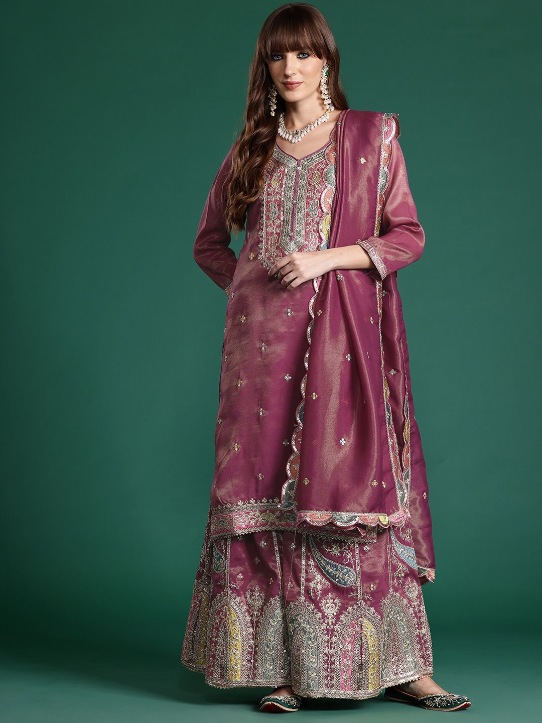 Ethnic Motifs Embroidered Sequinned Kurta with Palazzos & Dupatta