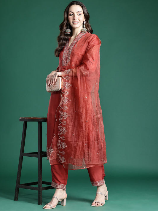 Dhiyona IE Ethnic Motifs Embroidered Kurta with Trousers & Dupatta