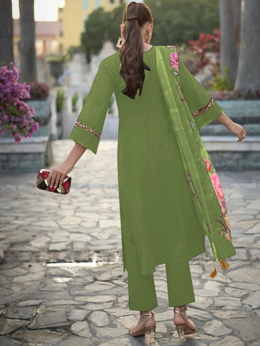 Dhiyona IE Floral Embroidered Thread Work Pure Cotton Kurta with Trousers & Dupatta