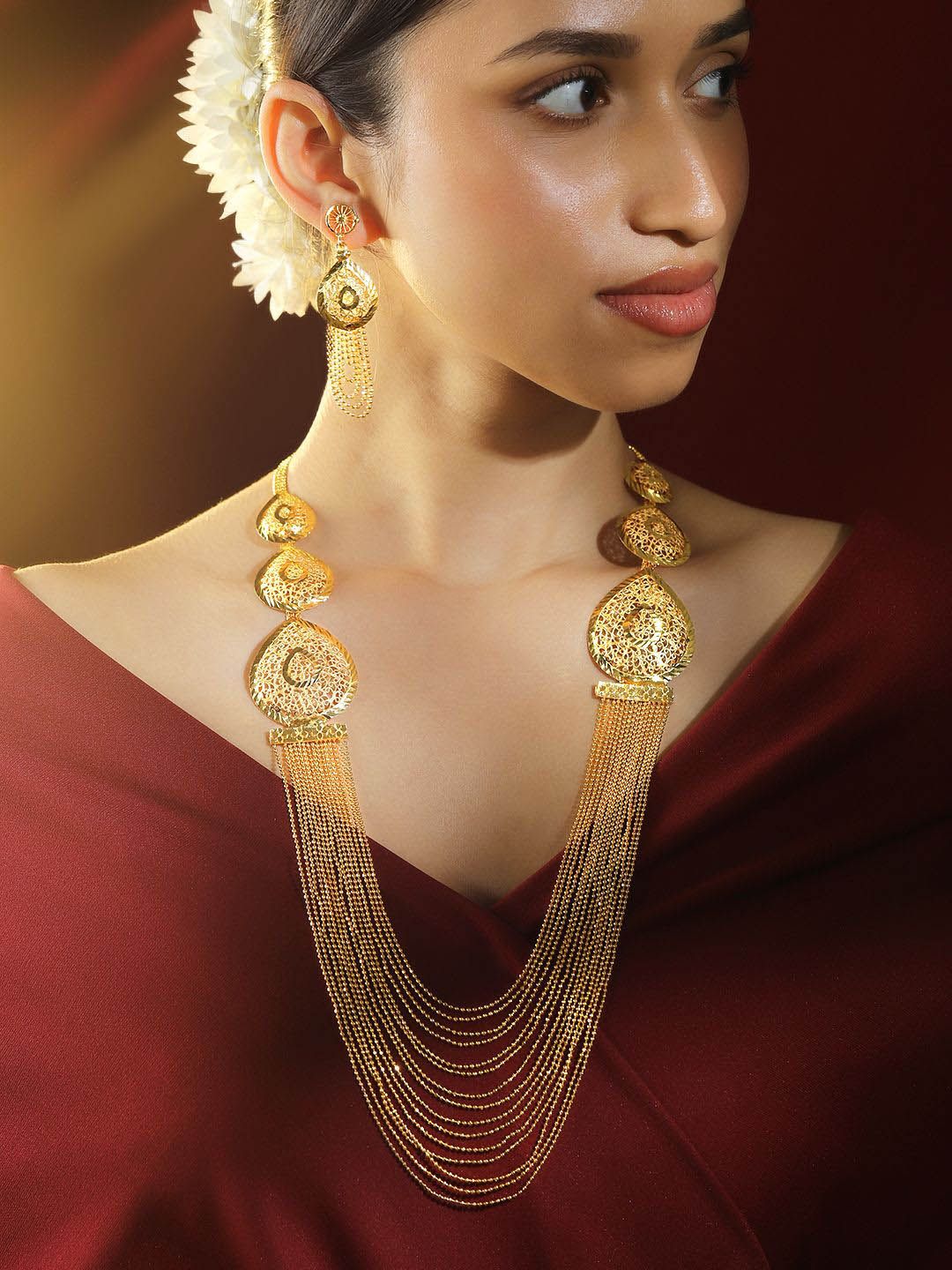 Dhiyona RJ Women's 18K Gold-Plated Textured Disc & Multi-Layer Beaded Statement Necklace Set