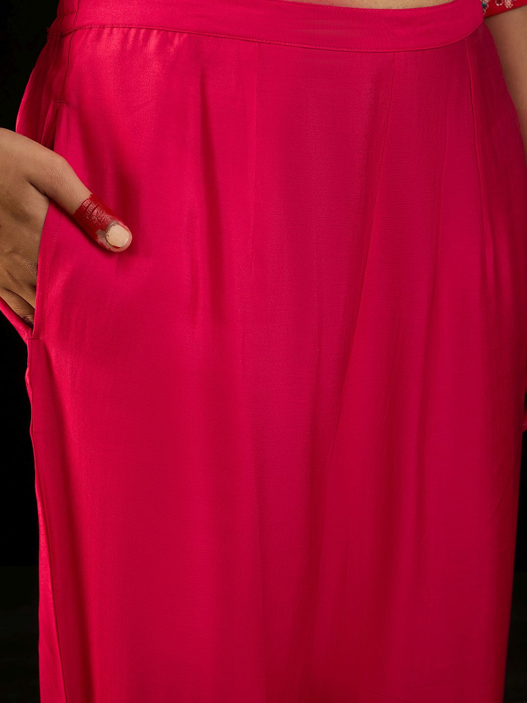 Floral Embroidered Sequinned Straight Kurta & Trousers With Dupatta