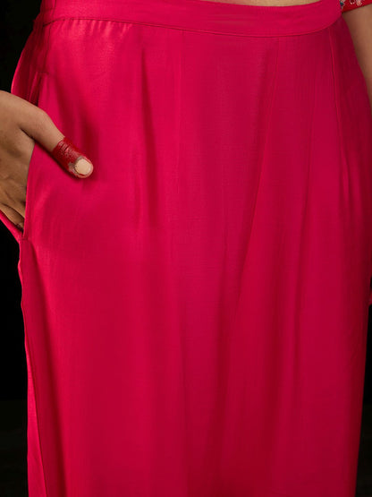 Floral Embroidered Sequinned Straight Kurta & Trousers With Dupatta