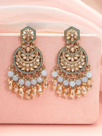 Dhiyona RJ Women's 18K Gold-Plated Kundan Chandbali Earrings with Sky Blue Stones & Beaded Danglers