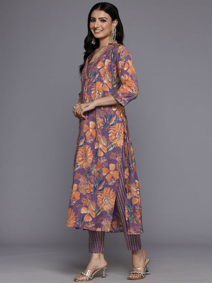 Dhiyona VA Women'sEthnic Floral Printed Sequinned Kurta With Trousers & Dupatta