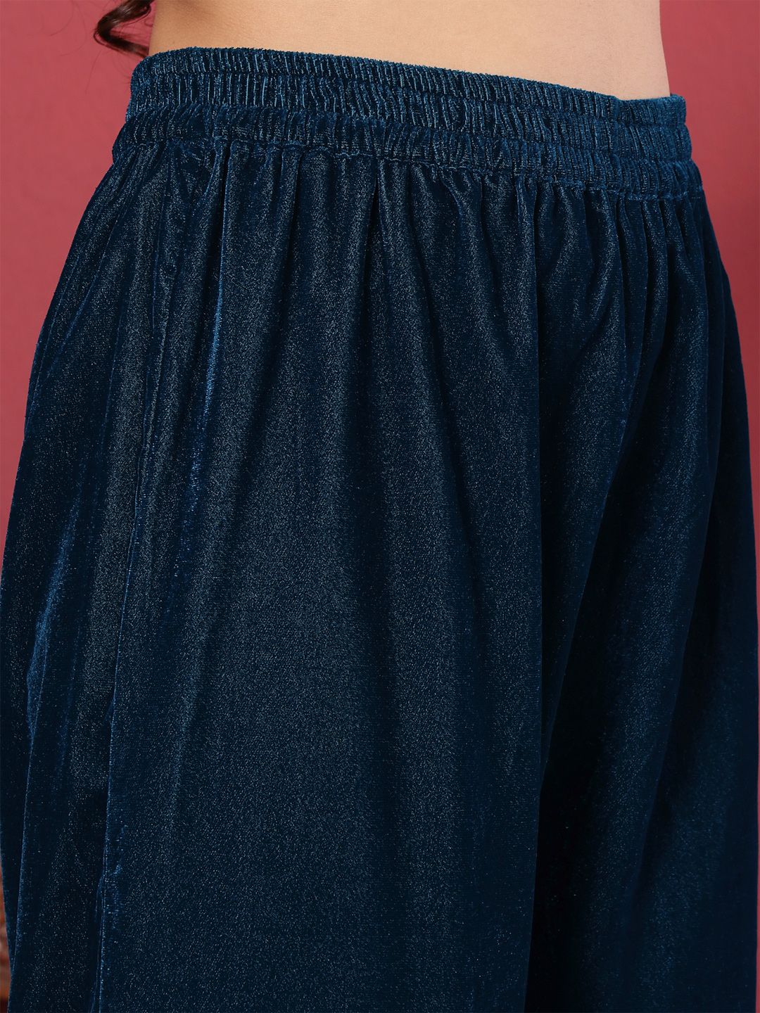 Dhiyona VA Women'sNavy Blue Flared Sleeves Lace Velvet Empire Kurta with Trousers & Dupatta