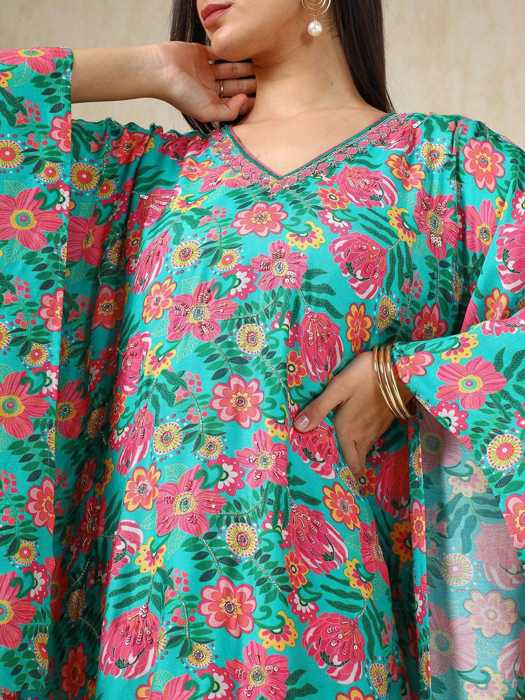 Dhiyona SO Women's Floral Printed Kaftan Kurta with Skirt