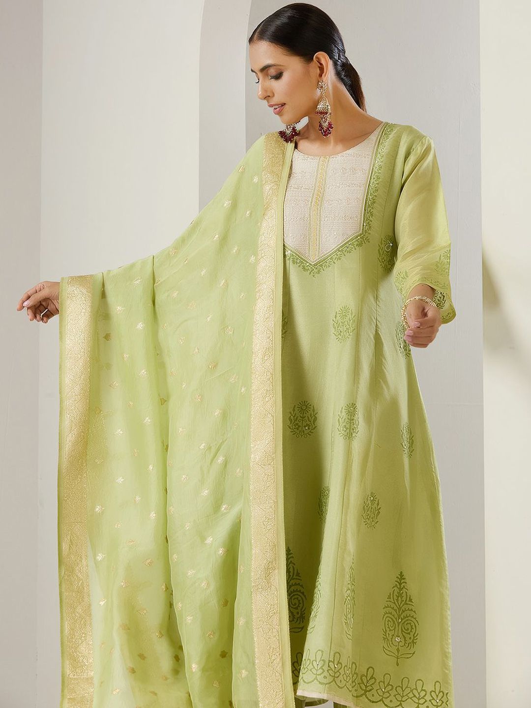 Dhiyona IS Women's Green Ethnic Motifs Embroidered Chanderi Silk Anarkali Kurta With Trousers & Dupatta