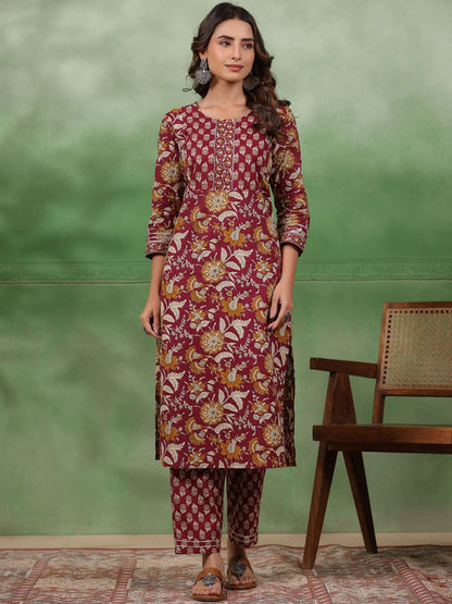 Dhiyona SN Women's Maroon Floral Printed Round Neck Pure Cotton Kurta With Trousers & Dupatta