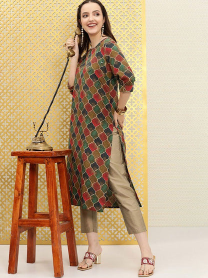 Dhiyona OD  Ethnic Motifs Printed Boat Neck Mirror Work Detailed Kurta