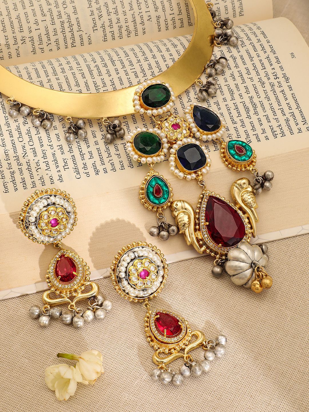Dhiyona RJ Women's 22K Gold-Plated Ruby,Emerald & Blue Stone Studded Choker Set with Gold-Silver Beads