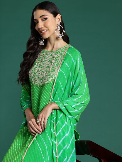 Dhiyona IE Leheriya Printed Zari Kurta With Trousers & Dupatta