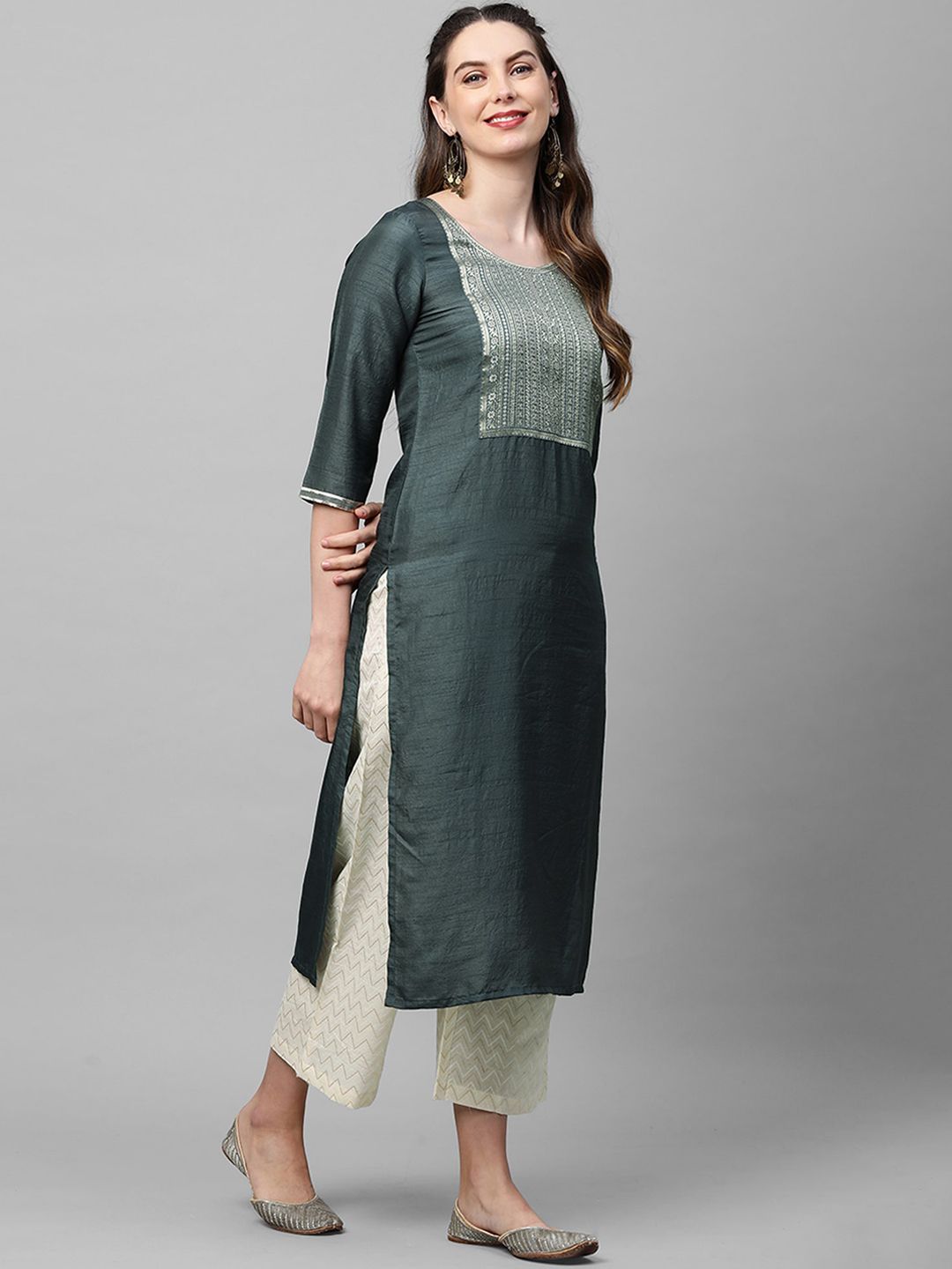 Dhiyona IE Women Charcoal Grey Ethnic Motifs Yoke Design Straight Kurta