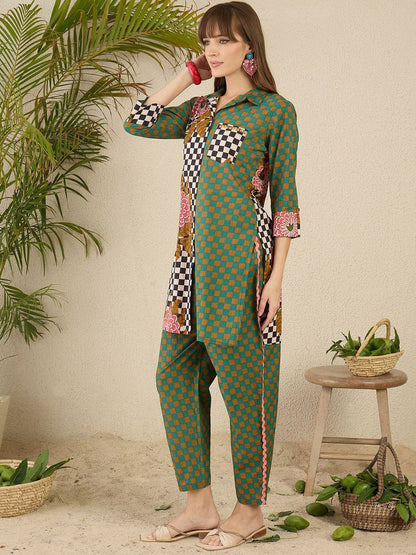 Dhiyona IE Printed Pure Cotton Straight Tunic & Trousers Co-Ord Set