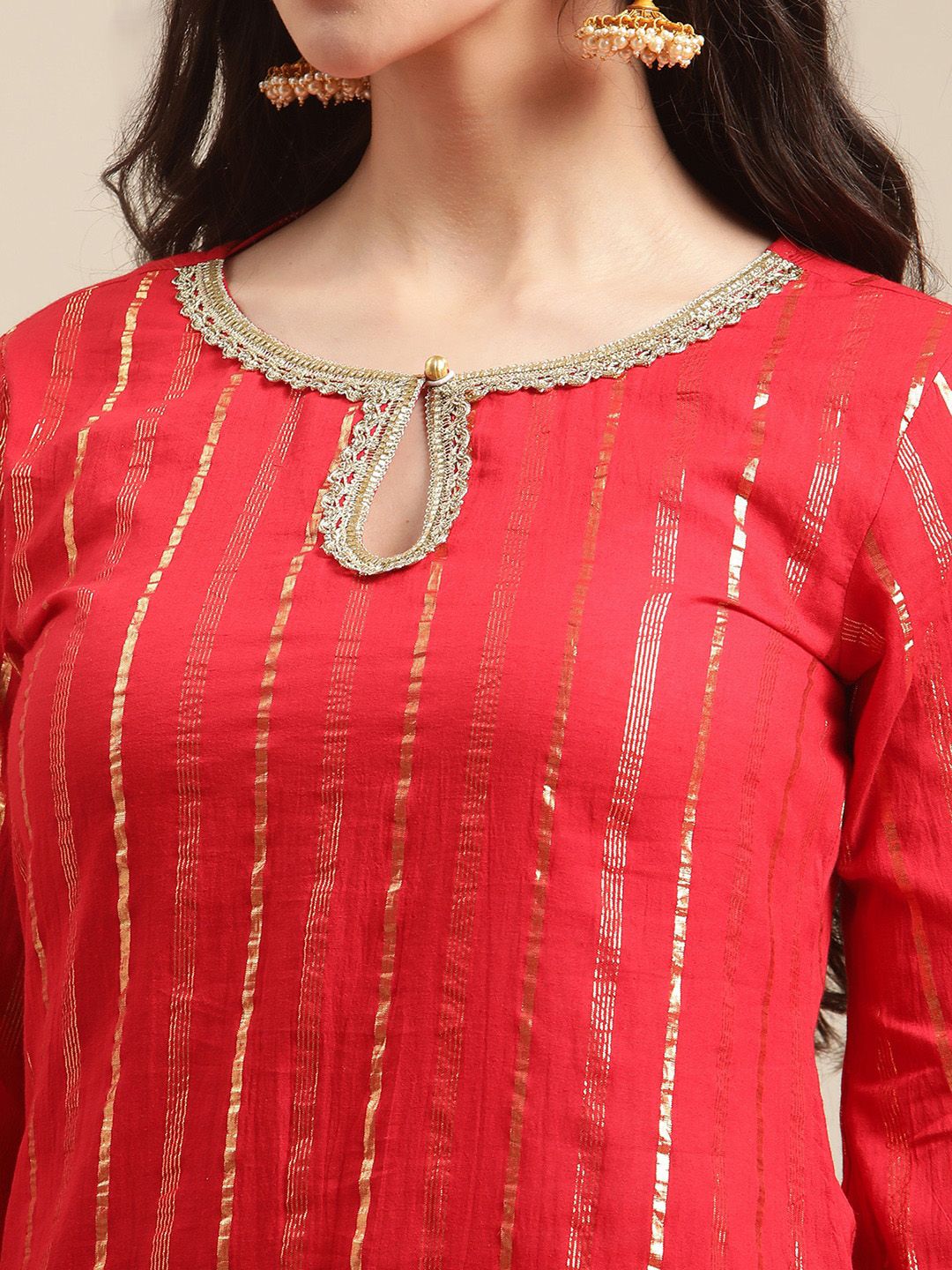 Dhiyona VA Women's Red Embroidered Gotta Patti Kurta with Sharara & With Dupatta