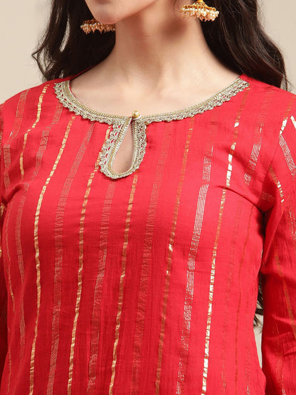 Dhiyona VA Women's Red Embroidered Gotta Patti Kurta with Sharara & With Dupatta