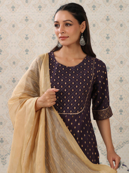Dhiyona OD  Purple Floral Printed Pure Cotton Kurta With Sharara & Dupatta