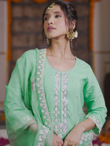 Floral Embroidered Thread Work Kurta With Trousers & Dupatta