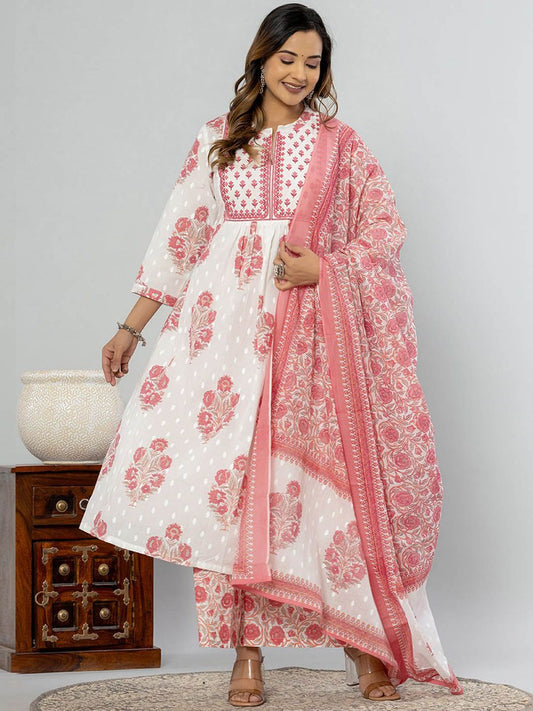 Dhiyona IE Ethnic Motifs Printed Empire Pure Cotton Kurta with Palazzos & Dupatta