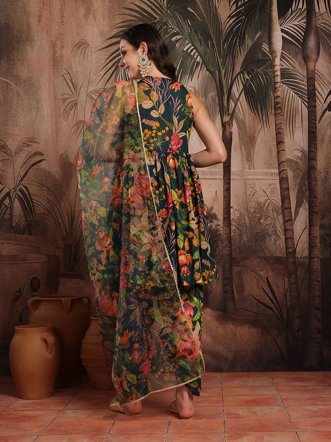 Dhiyona SN Women's Floral Printed Pleated Sequinned Kurta with Dhoti Pants & Dupatta