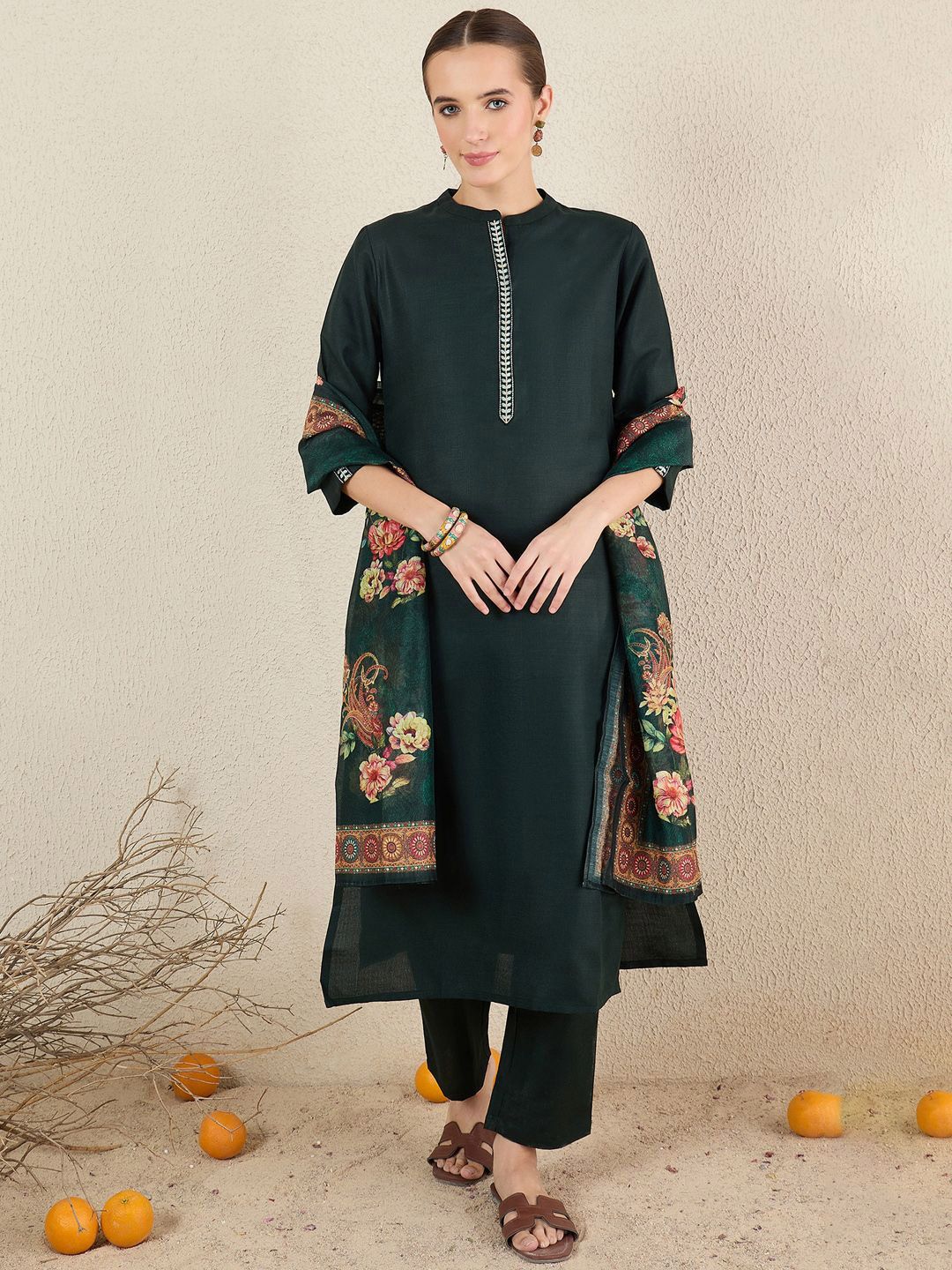 Women Embroidered Regular Kurta with Trousers & Dupatta