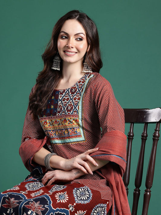 Dhiyona IE Ethnic Motifs Printed Pure Cotton Kurta with Trousers & Dupatta
