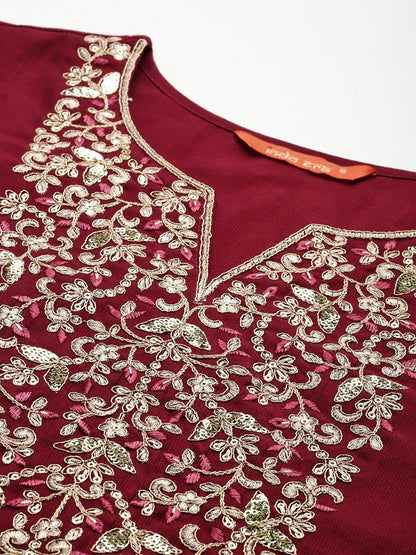 Dhiyona IE Floral Embroidered Sequinned Liva Kurta With Trousers & Dupatta