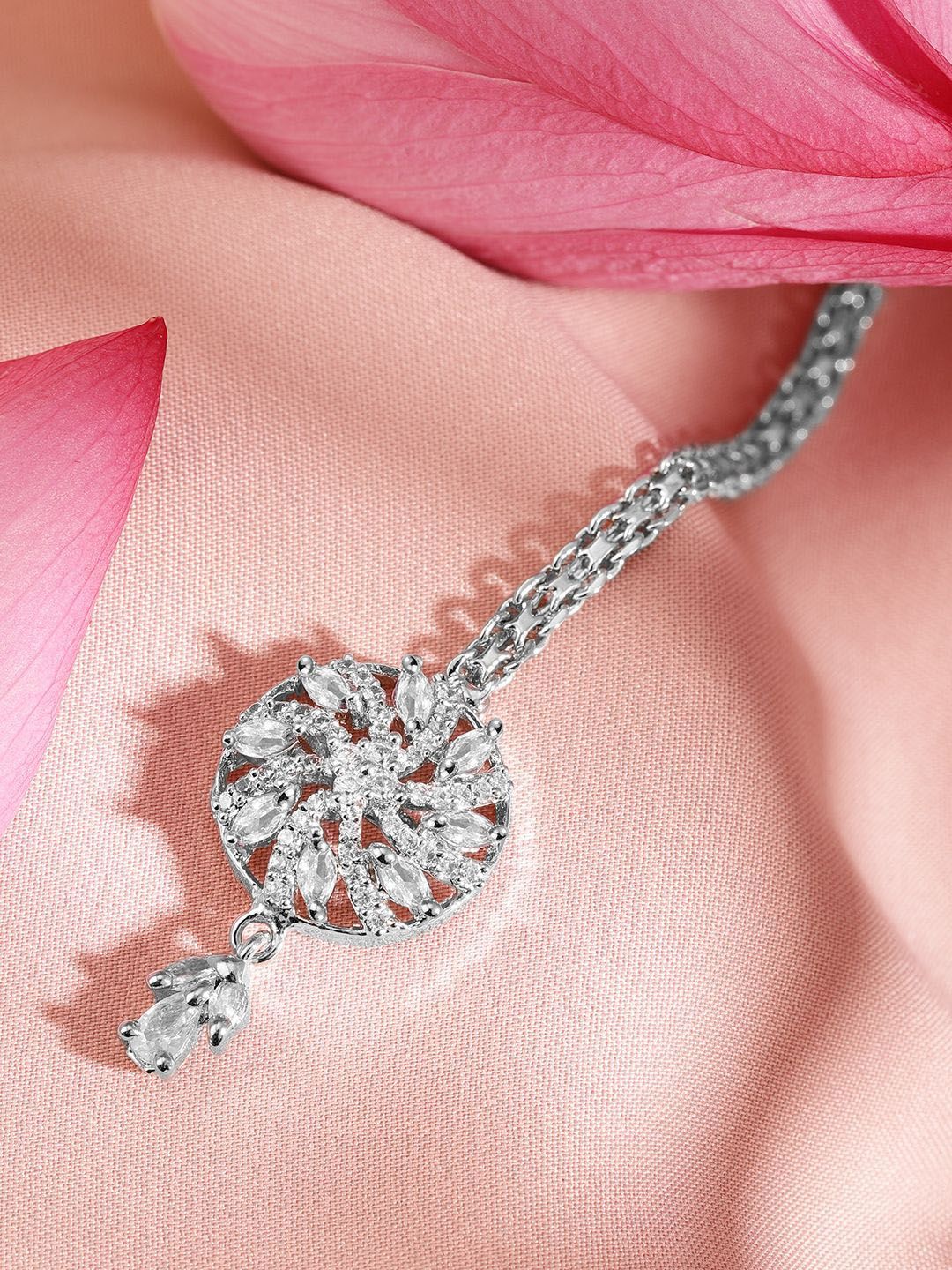 Dhiyona RJ Women's Rhodium-Plated Cubic Zirconia Studded Maang Tikka Head Jewellery