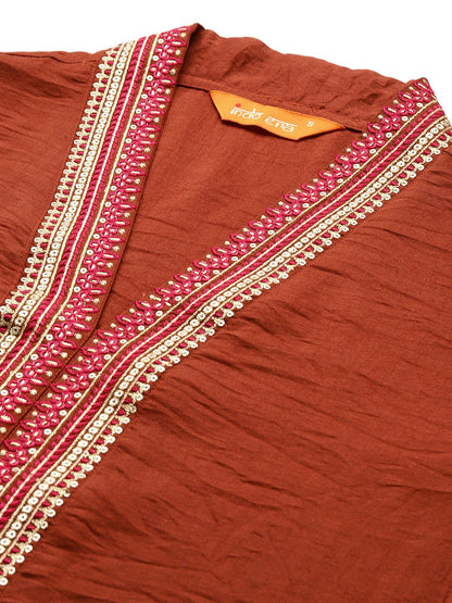 Dhiyona IE Women Ethnic Motifs Embroidered Regular Sequinned Kurta with Trousers & With Dupatta