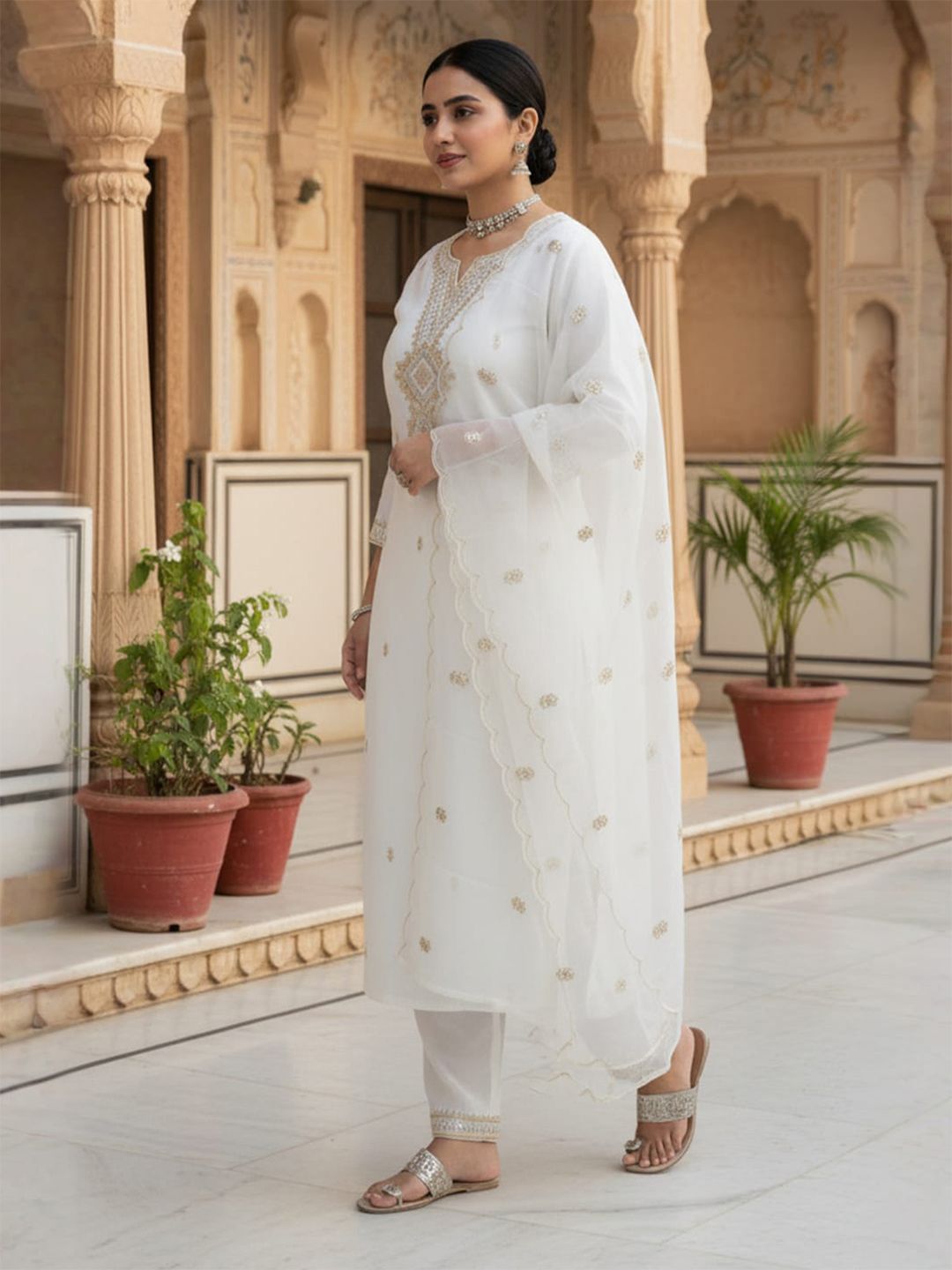 Floral Embroidered Notch Neck Sequinned Straight Kurta With Trousers & Dupatta