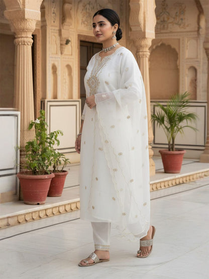 Floral Embroidered Notch Neck Sequinned Straight Kurta With Trousers & Dupatta