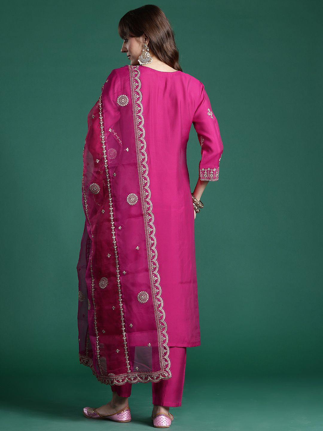 Floral Embroidered Sequinned Kurta With Trousers & Dupatta