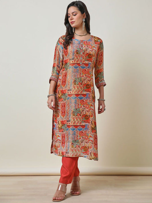 Dhiyona SO Women's Ethnic Motifs Printed Mirror Work Tissue Straight Kurta With Trouser
