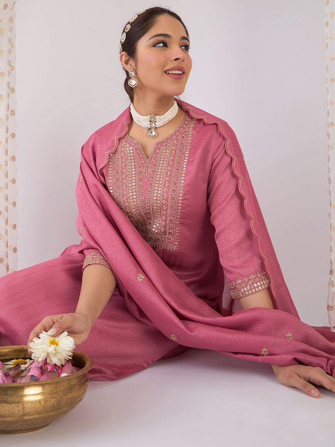 Dhiyona IE Floral Yoke Design Notch Neck Zari Straight Kurta With Trouser And Dupatta