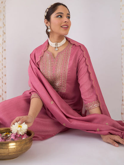Dhiyona IE Floral Yoke Design Notch Neck Zari Straight Kurta With Trouser And Dupatta
