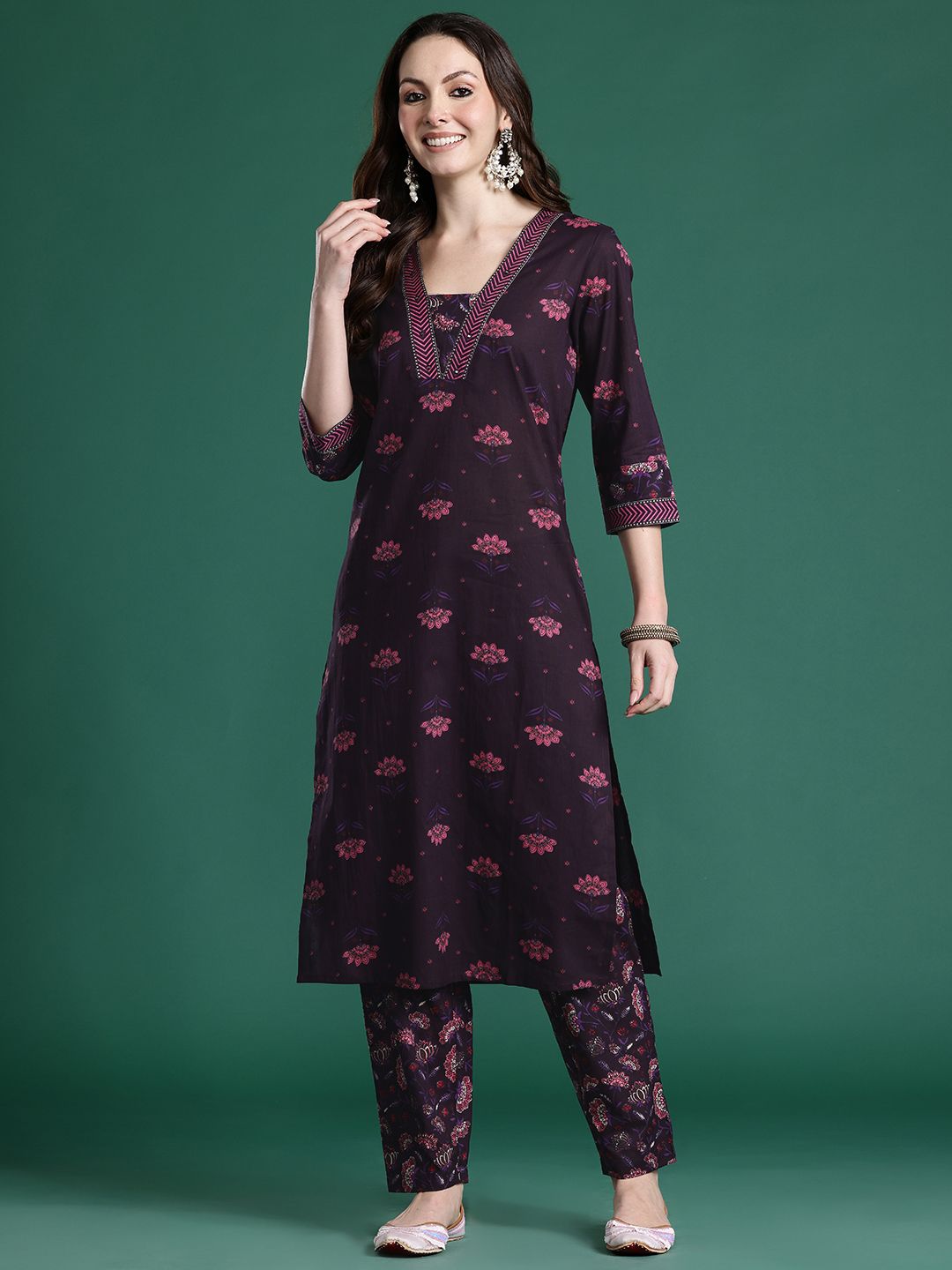 Floral Printed Beads & Stones Pure Cotton Kurta with Trousers