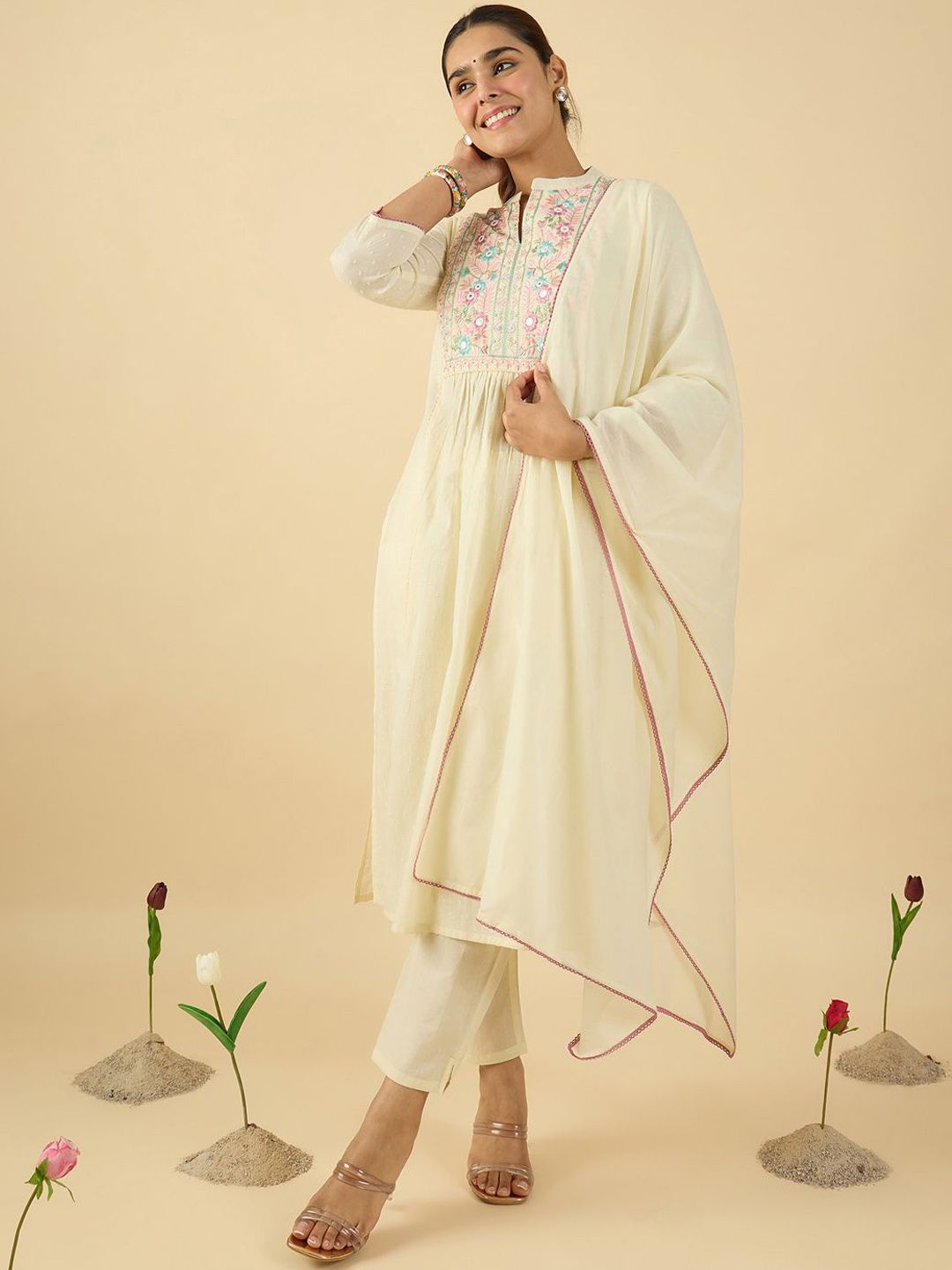 Dhiyona IE Floral Embroidered Mandarin Collar A Line Pure Cotton Kurta With Trouser &Dupatta